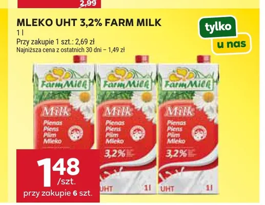 Mleko UHT Farm Milk 3,2% promocja w Stokrotka