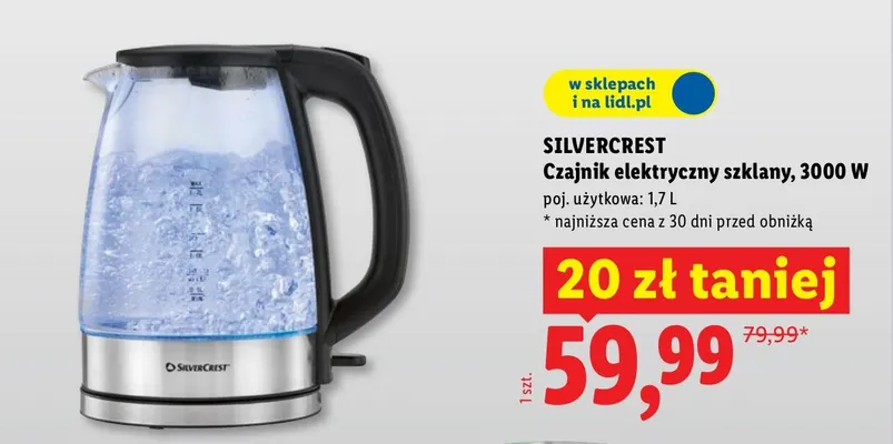 Czajnik elektryczny szklany, 3000W promocja w Lidl