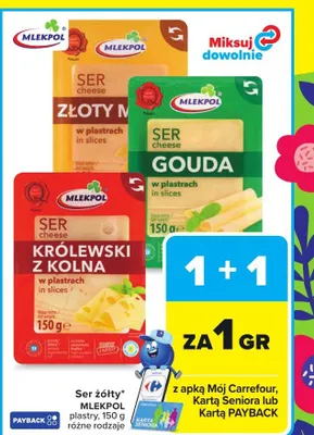 Ser żółty Mlekpol plastry: Gouda, Złoty, Królewski z kolna promocja w Carrefour