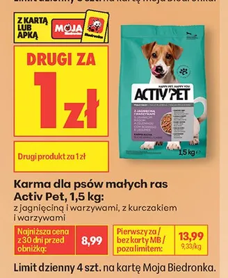 Karma dla psów małych ras Activ Pet z jagnięciną i warzywami promocja w Biedronka