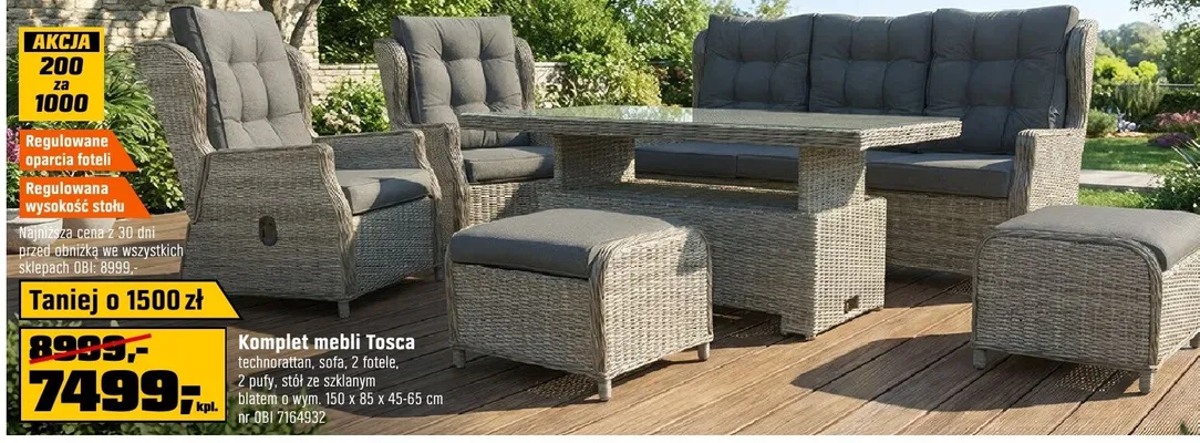 Komplet mebli Tosca technorattan, sofa, 2 fotele, pufy, stół ze szkłem wym. 150x85x45-65cm nr OBI 7165432 promocja w OBI