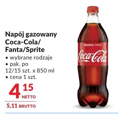 Napój gazowany Coca-Cola/Fanta/Sprite wybrane rodzaje promocja w Makro