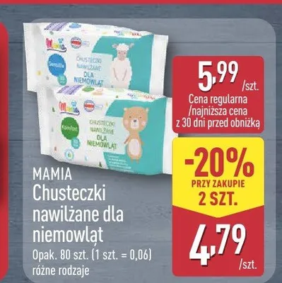 Chusteczki nawilżane dla niemowląt MAMIA promocja w Aldi