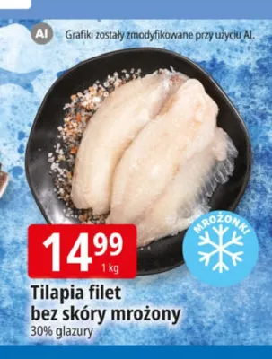 Tilapia filet bez skóry mrożony 30% glazury promocja w Leclerc