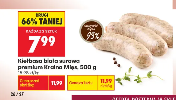 Kiełbasa biała surowa premium Kraina Mięs promocja w Biedronka