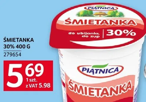 Śmietanka Piątnica 30% 400 g promocja w Selgros