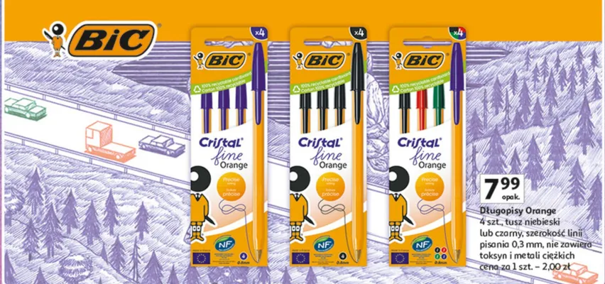 Długopisy Orange 4 szt. tusz niebieski lub czarny, szerokość linii pisania 0,3 mm, nie zawiązuje toksyn i metali ciężkich promocja w Auchan