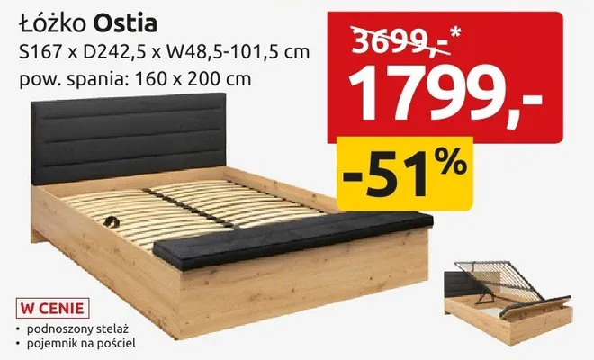 Łóżko Ostia S167xD242,5xW48,5-101,5cm pow. spania 160x200cm promocja w Black Red White