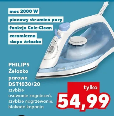 Żelazko parowe DST1030/20 szybkie usuwanie zagnieceń, szybkie nagrzewanie, blokada kapania, moc 2000 W, pionowy strumień pary, funkcja Calc-Clean, ceramiczna stopa żelazka promocja w Kaufland