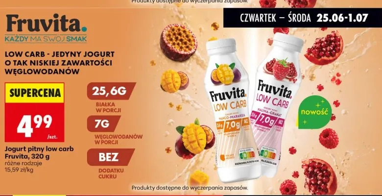 Jogurt pitny low carb Fruvita mango-marakuja promocja w Biedronka