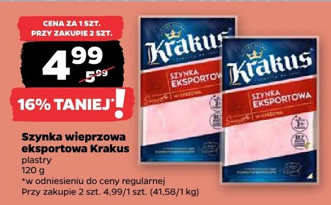 Szynka wieprzowa eksportowa w plastrach Krakus promocja w Netto
