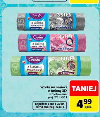 Worki na śmieci z taśmą 3D moletowane Gosia 8-pak 60 l promocja w Carrefour