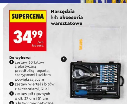 Zestaw 30 bitów z elastyczną przedłużką, pęsetą, szczypcami i szkłem powiększającym promocja w Biedronka