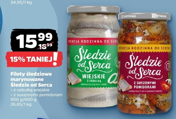 Filety śledziowe marynowane Śledzie od Serca z cebulką wiejskie promocja w Netto