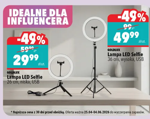 Lampa LED Selfie GOLDLUX 36cm wysoka USB promocja w Biedronka Home