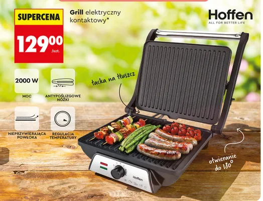 Grill elektryczny kontaktowy Hoffen 2000W nieprzywierająca powłoka regulacja temperatury antypoślizgowe nóżki otwieranie do 180° tacka na tłuszcz promocja w Biedronka