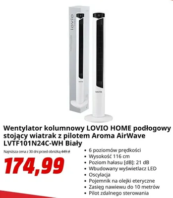 Wentylator kolumnowy LOVIO HOME podłogowy stojący wiatrak z pilotem Aroma AirWave LVTF101N24C-WH Biały promocja w Media Markt