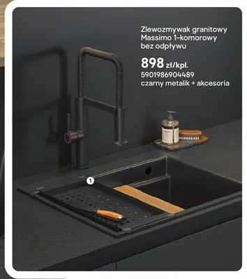 Zlewozmywak granitowy Massimo 1-komorowy bez odpływu czarny metalik + akcesoria promocja w Castorama