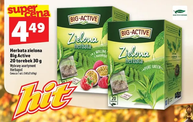 Herbata zielona Big Active z maliną i marakują promocja w TOPAZ
