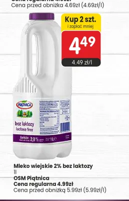 Mleko wiejskie Piątnica bez laktozy 2% promocja w Market Point