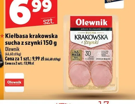 Kiełbasa krakowska sucha z szynki Olewnik promocja w TOPAZ