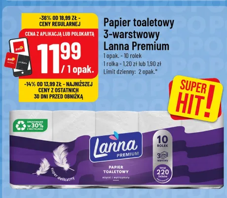 Papier toaletowy 3-warstwowy Lanna Premium 10-pak promocja w POLOmarket