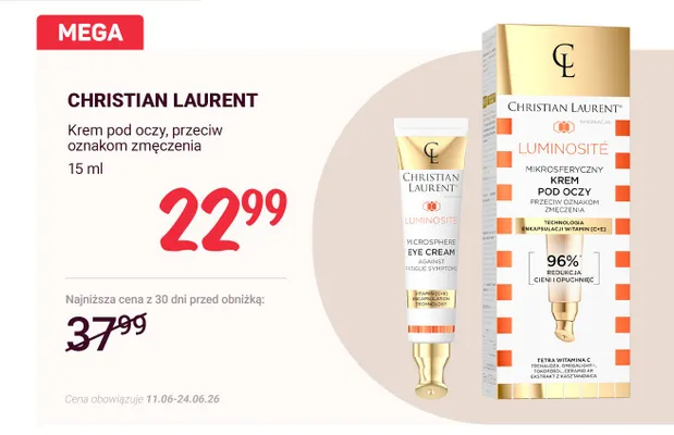 Krem pod oczy przeciw oznakom zmęczenia Christian Laurent Luminosité promocja w Rossmann