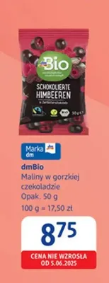 Maliny w gorzkiej czekoladzie dmBio promocja w Drogerie DM