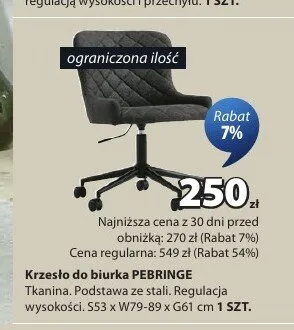 Krzesło do biurka PEBRINGE S53 x W79-89 x G61cm promocja w Jysk