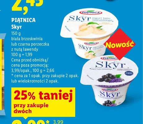 Jogurt typu islandzkiego Skyr Piątnica biała brzoskwinia promocja w Lidl