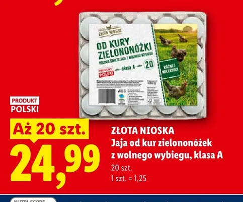 Jaja od kur zielononóżek z wolnego wybiegu Złota Nioska 20 szt promocja w Lidl