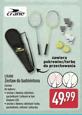 Zestaw do badmintona z dwoma rakietami, pachołkami i lotkami w tym diodami LED Crane promocja w Aldi