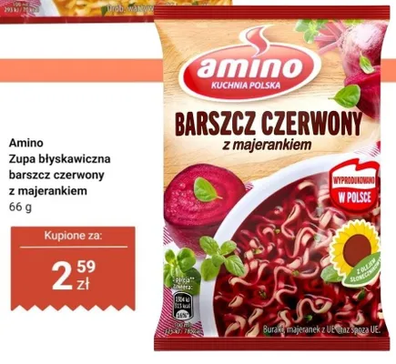 Zupa błyskawiczna Amino barszcz czerwony z majerankiem promocja w Dino