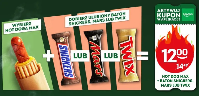 Zestaw Hot Dog MAX + baton Snickers, Mars lub Twix promocja w Żabka