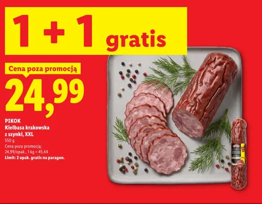 Kiełbasa krakowska z szynki XXL Pikok promocja w Lidl