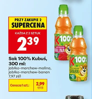 Sok 100% Kubuś jabłko-marchew-malina promocja w Biedronka