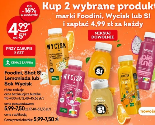 Shot, lemoniada, sok różne rodzaje promocja w Żabka