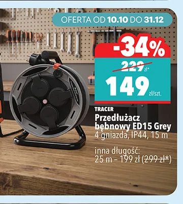 Przedłużacz bębnowy ED15 Grey 4 gniazda IP44 25 m Tracer promocja w Biedronka