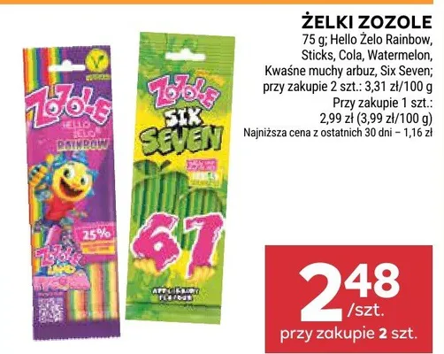 Żelki Zozole Hello Zelo Rainbow, Sticks, Cola, Watermelon, Kwaśne muchy arbuz, Six Seven promocja w Stokrotka