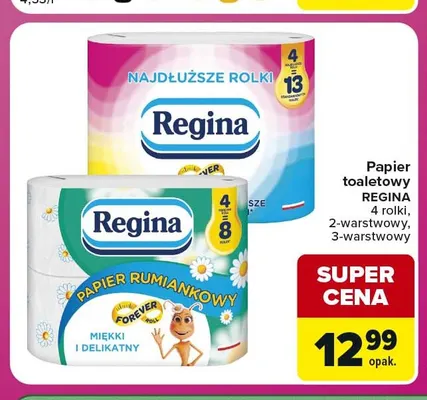 Papier toaletowy Najdłuższe Rolki 2-warstwowy 4-pak Regina promocja w Carrefour Market