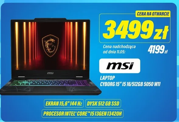 Laptop MSI Cyborg 15" I5 16/512GB 5050 W11 promocja w RTV EURO AGD