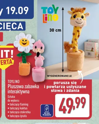 Pluszowa zabawka interaktywna tańcząca stokrotka Toylino promocja w Aldi