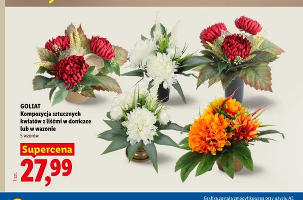 Kompozycja sztucznych kwiatów z liśćmi w wazonie Goliat promocja w Lidl