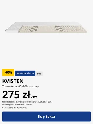 Topmaterac KVISTEN 80x200 cm szary promocja w Jysk