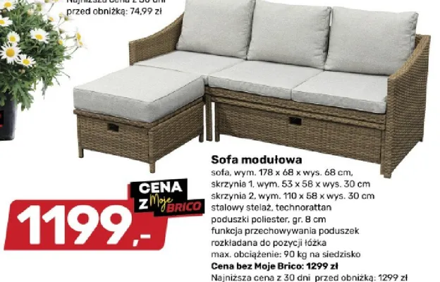 Sofa modułowa technorattan 178x68x68cm promocja w Bricomarche