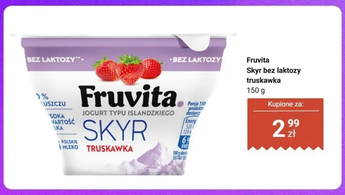 Skyr bez laktozy truskawka Fruvita promocja w Biedronka