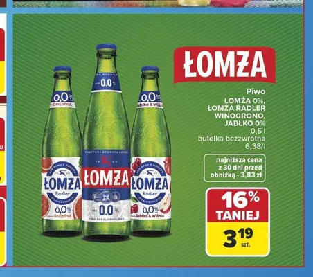 Piwo bezalkoholowe Łomża Radler Winogrono 0,0% promocja w Carrefour