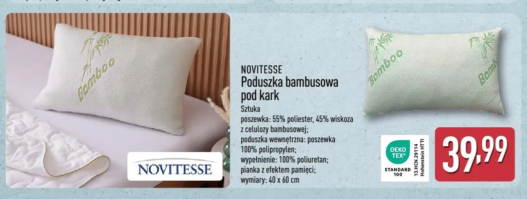 Poduszka bambusowa pod kark NOVITESSE 40x60cm promocja w Aldi
