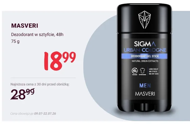 Dezodorant w sztyfcie Masveri Sigma Urban Cologne promocja w Rossmann