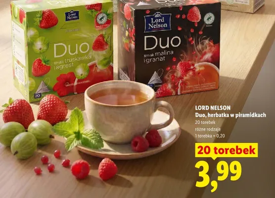 Herbatka w piramidkach Lord Nelson Duo smak truskawka i agrest promocja w Lidl